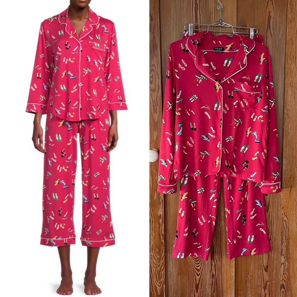 kate spade Pink Pajama Set with Multicolor Shoe Print - Picture 1 of 16